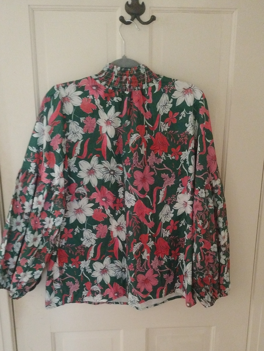 Floral Smocked-Neck Blouse - Green/Pink